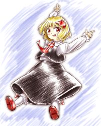 Rule 34 | 1girl, :d, black skirt, blonde hair, blouse, full body, hair ribbon, highres, long sleeves, looking at viewer, ofuton (niigata kenmin), open mouth, parody, red eyes, red footwear, red ribbon, ribbon, rumia, shirt, shoes, short hair, skirt, smile, socks, solo, style parody, touhou, vest, white shirt, white shirt, zun (style)