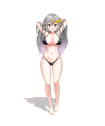 Rule 34 | 1girl, absurdres, areola slip, armpits, arms behind head, arms up, bare arms, bare legs, bare shoulders, barefoot, bikini, black bikini, breasts, brown eyes, cleavage, empress (last origin), full body, grey hair, halterneck, highres, koy (4767269), large breasts, last origin, long hair, looking at viewer, multi-strapped bikini, multicolored hair, navel, open mouth, shadow, simple background, smile, solo, standing, stomach, streaked hair, string bikini, swimsuit, thighs, wet, white background