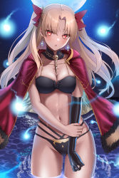 Rule 34 | 1girl, bikini, black bikini, black gloves, blonde hair, bow, breasts, cape, cleavage, earrings, elbow gloves, ereshkigal (fate), fate/grand order, fate (series), fur trim, gloves, hair bow, highres, ironatsuki, jewelry, long hair, looking at viewer, medium breasts, multi-strapped bikini, nail polish, navel, parted bangs, parted lips, red eyes, single elbow glove, solo, standing, stomach, string bikini, swimsuit, thighs, two side up, wading, water, wet