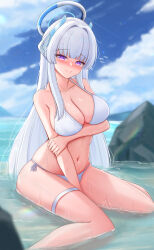 Rule 34 | 1girl, absurdres, bare arms, bare legs, bare shoulders, bikini, blue archive, blush, breasts, cleavage, closed mouth, day, grey hair, groin, halo, highres, large breasts, long hair, looking at viewer, mechanical halo, navel, nezumi (09261377), noa (blue archive), ocean, outdoors, purple eyes, smile, solo, swimsuit, water, wet, white bikini