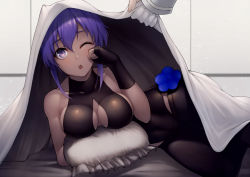 Rule 34 | 1girl, 1other, banned artist, bare shoulders, bed, bodysuit, breasts, cleavage, collarbone, dark-skinned female, dark skin, eyebrows hidden by hair, fate/grand order, fate/prototype, fate (series), flower, hair between eyes, hassan of serenity (fate), holding, holding pillow, indoors, kyoeiki, looking at viewer, one eye closed, pantyhose, pillow, purple eyes, purple hair, quilt, short hair