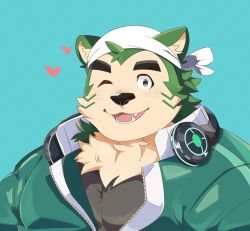 Rule 34 | 1boy, animal ears, animal nose, black shirt, blue background, chest tuft, commentary request, dog boy, dog ears, fangs, fangs out, furry, furry male, green eyes, green fur, green jacket, headphones, headphones around neck, headwear request, heart, highres, jacket, live a hero, male focus, mokdai (live a hero), one eye closed, open mouth, plump, shirotoki (qdng0atngbaqmce), shirt, short hair, solo, thick eyebrows, upper body, white headwear, yellow fur