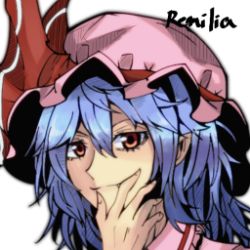 Rule 34 | 1girl, blue hair, character name, female focus, hat, looking at viewer, lowres, pandora-ex, portrait, remilia scarlet, simple background, smile, solo, touhou, white background