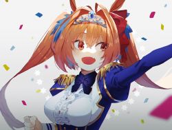 Rule 34 | 1girl, animal ears, blue jacket, breasts, brown hair, buttons, center frills, clenched hand, confetti, daiwa scarlet (umamusume), epaulettes, fang, frills, gradient background, grey background, hair intakes, hexagram, horse ears, jacket, large breasts, long hair, looking to the side, oda ya ka, open mouth, outstretched arm, red eyes, shirt, skin fang, solo, tiara, twintails, umamusume, upper body, white shirt