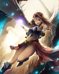 Rule 34 | 1girl, aiming, aiming at viewer, angel, angel wings, armais (me-chan337), armor, bikini armor, blonde hair, blue eyes, boots, breasts, cleavage, headwear request, midriff, one eye closed, open mouth, original, short hair, solo, thighs, visor (armor), wings