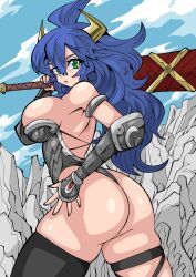 Rule 34 | 1girl, armor, ass, blue hair, breasts, female focus, from behind, highres, large breasts, long hair, looking at viewer, looking back, original, outdoors, solo, standing, sword, warrior, weapon