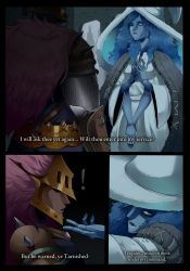 Rule 34 | !, 1boy, 1girl, absurdres, armor, blue eyes, blue hair, blue skin, cape, colored skin, comic, cracked skin, dark-skinned male, dark skin, doll joints, dress, elden ring, english text, extra arms, fur cape, hands up, helm, helmet, highres, joints, kinjero, large hat, left-to-right manga, long hair, looking at another, one eye closed, own hands together, ranni the witch, tarnished (elden ring), v arms, wide sleeves