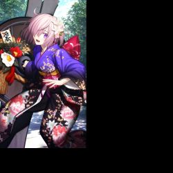 Rule 34 | 1girl, camellia, craft essence (fate), fate/grand order, fate (series), floral print, flower, furisode, hair flower, hair ornament, hair over one eye, japanese clothes, kimono, looking at viewer, mash kyrielight, mash kyrielight (grand new year), obi, official alternate costume, open mouth, outdoors, peony print, pink hair, purple eyes, sash, short hair, solo, takeuchi takashi, tree, yukata