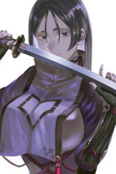 Rule 34 | 1girl, absurdres, armor, black gloves, bodysuit, breasts, elbow gloves, fate/grand order, fate (series), fingerless gloves, gloves, highres, japanese armor, katana, kote, large breasts, long hair, looking at viewer, minamoto no raikou (fate), parted bangs, purple bodysuit, purple eyes, purple hair, ribbed sleeves, shiro saki, solo, sword, tabard, tassel, very long hair, weapon