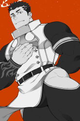 Rule 34 | 1boy, absurdres, arm behind back, bara, beard stubble, black bodysuit, black hair, bodysuit, bulge, clothing cutout, facial hair, fire, flaming halo, greyscale with colored background, halo, hand on own chest, highres, large pectorals, male focus, muscular, muscular male, naop (anything), pectorals, short hair, solo, spiked hair, stubble, thick arms, thick thighs, thigh cutout, thighs, tokyo houkago summoners, zabaniyya (housamo)