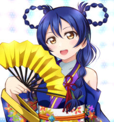 Rule 34 | 1girl, angelic angel, bare shoulders, blue hair, blush, braid, braided hair rings, clothing cutout, commentary request, detached sleeves, floral print, folding fan, hair between eyes, hair ornament, hair rings, hand fan, japanese clothes, kimono, long hair, long sleeves, looking at viewer, love live!, love live! school idol project, open mouth, shoulder cutout, simple background, smile, solo, sonoda umi, twin braids, upper body, wewe, yellow eyes