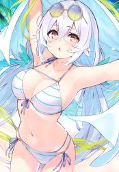 Rule 34 | 1girl, absurdres, armpits, arms up, bare shoulders, bikini, blush, breasts, collarbone, cu-no, day, eyewear on head, highres, hisen kaede, holding, long hair, looking at viewer, navel, open mouth, orange eyes, outdoors, rapua qive, scan, shore, simple background, solo, stomach, striped, sunglasses, swimsuit, thighs, water, white hair