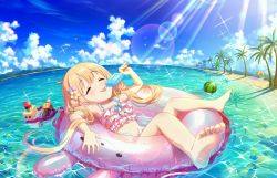 Rule 34 | 10s, 1girl, afloat, barefoot, beach, bikini, bottle, closed eyes, cloud, day, feet, fish, fisheye, flower, food, frilled bikini, frills, fruit, futaba anzu, hair flower, hair ornament, horizon, ice, ice cream, ice cube, idolmaster, idolmaster cinderella girls, idolmaster cinderella girls starlight stage, innertube, lens flare, licking, long hair, low twintails, navel, ocean, official art, outdoors, palm tree, popsicle, rabbit, sky, soles, solo, sunlight, swim ring, swimsuit, toes, tongue, tongue out, tree, twintails, very long hair, water, watermelon