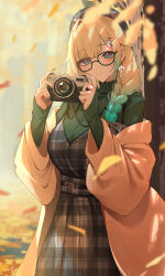 Rule 34 | 1girl, absurdres, aizawa ema, autumn, autumn leaves, belt, black-framed eyewear, black belt, black bow, blonde hair, blue eyes, blunt bangs, bow, braid, breasts, brown coat, camera, coat, dress, earrings, falling leaves, flower, flower earrings, french braid, glasses, gradient hair, green hair, green nails, green sweater, grey dress, hair bow, hair flower, hair ornament, hat, highres, holding, holding camera, jewelry, large breasts, leaf, long hair, long sleeves, looking at viewer, maple leaf, multicolored hair, off shoulder, open clothes, open coat, outdoors, plaid, plaid dress, plaid headwear, shiro marimo, sleeves past wrists, solo, sweater, tree, turtleneck, turtleneck sweater, virtual youtuber, vspo!