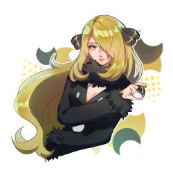 Rule 34 | 1girl, black coat, blonde hair, blush, breasts, cleavage, coat, commentary request, creatures (company), cynthia (pokemon), eyelashes, fur-trimmed coat, fur collar, fur trim, game freak, grey eyes, hair ornament, hair over one eye, holding, holding poke ball, long hair, long sleeves, nintendo, parted lips, poke ball, pokemon, pokemon dppt, sapphire yue, solo, ultra ball, upper body