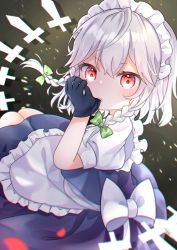 Rule 34 | 1girl, black gloves, braid, closed mouth, gloves, grey hair, highres, izayoi sakuya, knife, looking at viewer, maid day, maid headdress, pafe yuzuran, puffy short sleeves, puffy sleeves, red eyes, short hair, short sleeves, side braids, solo, touhou, twin braids