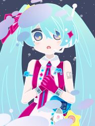 Rule 34 | + +, 1girl, absurdres, aqua hair, arm tattoo, bare shoulders, blue hair, commentary, future eve (vocaloid), gloves, hair ornament, hair ribbon, hatsune miku, headset, highres, long hair, looking at viewer, magical mirai (vocaloid), magical mirai miku, magical mirai miku (2022), multicolored eyes, necktie, open mouth, ribbon, sleeveless, solo, space, tattoo, twintails, umitukisan, very long hair, vocaloid