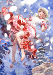 Rule 34 | 1girl, air bubble, arms up, barefoot, blonde hair, blush, brown eyes, bubble, earlobes, ebisu eika, frilled skirt, frills, lips, long earlobes, looking up, low twintails, misawa hiroshi, painting (medium), parted lips, puffy short sleeves, puffy sleeves, rock, rock balancing, shirt, short hair, short sleeves, skirt, solo, stack, texture, touhou, traditional media, twintails, underwater, watercolor (medium), white shirt, white skirt