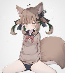 Rule 34 | 1girl, :o, ahoge, animal ear fluff, animal ears, bad id, bad pixiv id, black bow, black one-piece swimsuit, black sailor collar, blunt bangs, blush, bow, brown eyes, brown hair, brown sweater, commentary request, green hair, grey background, hair bow, hair ornament, hairclip, highres, long sleeves, looking at viewer, multicolored hair, one-piece swimsuit, original, parted lips, red bow, risu (ritharte), sailor collar, school uniform, serafuku, sidelocks, solo, spread legs, sweater, swimsuit, swimsuit under clothes, tail, twintails, two-tone hair, x hair ornament