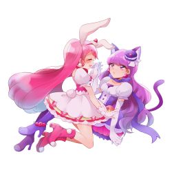 Rule 34 | 10s, 2girls, absurdres, animal ears, boots, cake hair ornament, cat ears, cat tail, choker, closed eyes, cure macaron, cure whip, dress, earrings, elbow gloves, extra ears, food-themed hair ornament, gloves, hair ornament, highres, holding hands, jewelry, kirakira precure a la mode, kotozume yukari, long hair, looking at another, macaron hair ornament, magical girl, multiple girls, pink footwear, pink hair, pom pom (clothes), pom pom earrings, precure, purple dress, purple eyes, purple footwear, purple hair, purple neckwear, rabbit ears, rabbit tail, ribbon choker, shoes, simple background, smile, tail, transparent background, usami ichika, white background, white dress, white gloves, yutsuchi