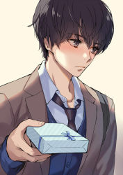 Rule 34 | 1boy, black hair, blush, box, brown eyes, commentary, gift, gift box, gin (oyoyo), giving, male focus, necktie, original, school uniform, simple background, solo, white day