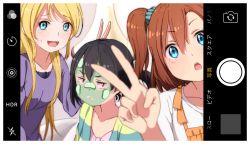 Rule 34 | 10s, 3girls, :d, :o, :|, ayase eli, black hair, blonde hair, blue eyes, blurry, blurry foreground, blush, brown hair, bunny ears prank, cardigan, closed mouth, collarbone, commentary, cucumber, facial mask, kosaka honoka, long hair, long sleeves, looking at viewer, love live!, love live! school idol project, mud mask, multiple girls, one side up, open cardigan, open clothes, open mouth, fake phone screenshot, ponytail, purple sweater, red eyes, scrunchie, selfie, shuca ca, side ponytail, smile, sweatdrop, sweater, translation request, v, viewfinder, yazawa nico