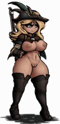 Rule 34 | 1girl, abs, animated, animated gif, bare hips, blonde hair, blue eyes, boots, bouncing breasts, breasts, cape, cleft of venus, darkest dungeon, female soldier, fingerless gloves, functionally nude, gloves, gun, hat, hat feather, high heel boots, high heels, holding, holding gun, holding weapon, large breasts, long hair, lowres, musket, musketeer, musketeer (darkest dungeon), navel, nipples, no bra, no panties, nude, nude mod, pussy, rifle, shadow, soldier, solo, strap, thick thighs, thigh boots, thighs, transparent background, uncensored, video game, walking, wavy hair, weapon, weapon on back, xelsword