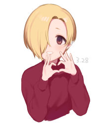 Rule 34 | 1girl, blonde hair, blush, chiyoko (tykchiyo), commentary request, dated, finger heart, hair over one eye, highres, idolmaster, idolmaster cinderella girls, looking at viewer, red eyes, red sweater, shirasaka koume, short hair, simple background, smile, solo, sweater, upper body, white background