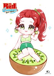 1girl :p absurdres chibi commentary crop_top dated earrings english_commentary food fruit green_eyes green_hair green_shirt green_skirt hair_ribbon highres jewelry joy_(red_velvet) k-pop kiwi_(fruit) ponytail real_life red_hair red_velvet_(group) ribbon shirt skirt smile snowflakessheep solo tongue tongue_out