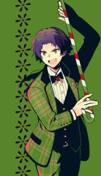 Rule 34 | 1623, 1boy, brown eyes, candy, candy cane, dankira!!!, food, formal, green background, green suit, holding, holding candy, holding candy cane, holding food, long hair, long sleeves, looking at viewer, looking back, male focus, miki nozomu, mole, mole under eye, ponytail, purple hair, smile, solo, suit