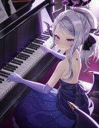 Rule 34 | 1girl, bare shoulders, blue archive, chanpower233, dress, elbow gloves, gloves, highres, hina (blue archive), instrument, looking at viewer, medium hair, piano, purple dress, purple eyes, solo, white hair