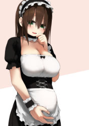 Rule 34 | 1girl, breasts, brown hair, cleavage, eyes visible through hair, green eyes, hakumei kosen, hand on own stomach, highres, large breasts, long hair, maid, maid headdress, open mouth, original, pregnant, smile, solo, wrist cuffs