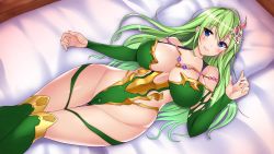 Rule 34 | 1990s (style), 1girl, artist request, bare shoulders, blue eyes, blush, breasts, curvy, final fantasy, final fantasy iv, final fantasy iv: the after years, green hair, hair ornament, large breasts, leotard, long hair, looking at viewer, lying, on back, rydia (ff4), smile, solo, source request, wide hips