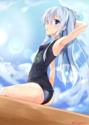 Rule 34 | 10s, 1girl, akabane hibame, arm up, armpits, blue eyes, blue hair, hibiki (kancolle), kantai collection, long hair, looking at viewer, matching hair/eyes, one-piece swimsuit, open mouth, school swimsuit, sitting, solo, swimsuit, twitter username, wet