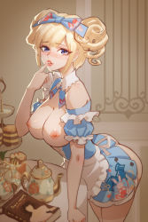 Rule 34 | 1girl, absurdres, apron, ass, blonde hair, blue eyes, blush, book, breasts, breasts out, detached collar, dress, frills, highres, joker.z, large breasts, looking at viewer, maid, maid apron, nipples, no bra, no panties, original, pink thighhighs, solo, teapot, thighhighs