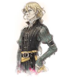 Rule 34 | 1boy, belt, blonde hair, blue eyes, closed mouth, cowboy shot, hand on own hip, high collar, ikusy, juliet sleeves, long hair, long sleeves, male focus, official art, prince, puffy sleeves, roland glenbrook, solo, sprite, standing, transparent background, triangle strategy, vest