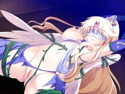 Rule 34 | 1girl, angel, angel wings, arms up, bdsm, blindfold, blonde hair, blue gloves, bondage, bound, censored, female focus, game cg, gears of dragoon, gilvett magarian, gloves, imminent rape, kinmedai pink, long hair, midriff, navel, nipples, plant, ponytail, pussy, slave, solo, straight hair, thorns, torn clothes, vines, wings