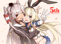 Rule 34 | 2girls, ;d, amatsukaze (kancolle), anniversary, armpits, black panties, blonde hair, blue eyes, blurry, blush, breasts, brown dress, brown eyes, choker, collarbone, commentary request, confetti, crop top, depth of field, dress, elbow gloves, floating hair, gloves, grey eyes, hair ornament, hair tubes, hairband, hand on another&#039;s head, hug, kantai collection, long hair, looking at viewer, multiple girls, one eye closed, open mouth, panties, pleated skirt, revision, sailor collar, sailor dress, school uniform, serafuku, shimakaze (kancolle), short dress, sidelocks, silver hair, simple background, skirt, small breasts, smile, smokestack, smokestack hair ornament, takanashi kei (hitsujikan), two side up, underwear, v, white gloves, wind