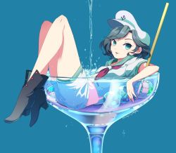 Rule 34 | 1girl, aqua background, black hair, blouse, blue background, boots, breasts, cup, dated, drinking glass, green eyes, hat, highres, hishaku, in container, in cup, medium breasts, midriff, midriff peek, mini person, minigirl, murasa minamitsu, neckerchief, orb, red neckerchief, sailor, sailor collar, sailor hat, shirt, short hair, shorts, simple background, smile, solo, tami (joemanyodw), touhou, water, white shirt
