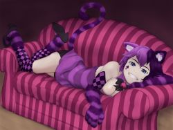 Rule 34 | 1girl, animal ears, bell, blue eyes, bow, breasts, cat ears, cat girl, cat tail, cheshire cat (alice in wonderland), cheshire cat (monster girl encyclopedia), cleavage, couch, female focus, grin, highres, large breasts, looking at viewer, lying, mithril, monster girl encyclopedia, monster girl encyclopedia ii, multicolored hair, pink hair, purple hair, shiny skin, shoes, short hair, smile, socks, solo, tail