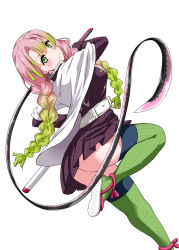 Rule 34 | 1girl, ass, belt, braid, cape, closed mouth, dutch angle, from side, gradient hair, green eyes, green hair, green thighhighs, highres, holding, holding weapon, jacket, kanroji mitsuri, kimetsu no yaiba, long hair, looking at viewer, looking to the side, mole, mole under eye, multicolored hair, pink hair, purple jacket, purple skirt, sandals, scabbard, sheath, simple background, skirt, solo, standing, standing on one leg, thighhighs, twin braids, unsheathed, weapon, whip sword, white background, white belt, white cape, yopparai oni