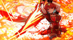 Rule 34 | 1girl, absurdres, arms up, black gloves, breasts, chest jewel, closed mouth, commentary request, earrings, fingerless gloves, fire, gloves, highres, holding, holding sword, holding weapon, huge filesize, jewelry, large breasts, pyra (xenoblade), red eyes, red hair, red shorts, red thighhighs, short hair, short shorts, shorts, smile, solo, swept bangs, sword, tarbo (exxxpiation), thighhighs, tiara, weapon, xenoblade chronicles (series), xenoblade chronicles 2