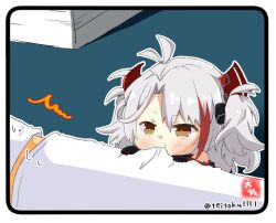 Rule 34 | 1boy, 1girl, antenna hair, azur lane, black gloves, brown eyes, commander (azur lane), commentary request, cross, eating, gloves, grey hair, hair between eyes, hair ornament, iron cross, little prinz eugen (azur lane), long hair, looking at viewer, military, military uniform, mini person, minigirl, multicolored hair, naval uniform, out of frame, revision, sidelocks, signature, simple background, size difference, surprised, taisa (kari), twitter username, two-tone hair, two side up, uniform, white gloves