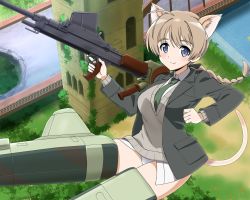 Rule 34 | 1girl, ahoge, animal ears, blouse, blue eyes, braid, bridge, brown hair, cat ears, cat tail, day, extra ears, flying, green necktie, gun, highres, holding, holding gun, holding weapon, jacket, kaneko (novram58), looking at viewer, lynette bishop, necktie, no pants, open clothes, open jacket, outdoors, panties, pocket, shirt, single braid, solo, strike witches, striker unit, tail, trigger discipline, underwear, weapon, white panties, white shirt, wing collar, world witches series