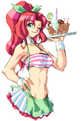Rule 34 | 1girl, bandeau, bare shoulders, blue eyes, bow, breasts, covered erect nipples, hair bow, hair ribbon, kojima satomi, large breasts, long hair, midriff, one eye closed, pink hair, ponytail, qkat (arikawa-dou), red hair, ribbon, simple background, skirt, solo, strapless, tray, tube top, waitress, wink, wrestle angels, wrestle angels survivor