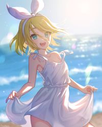 Rule 34 | 1girl, aqua eyes, bad id, bad twitter id, beach, blonde hair, blurry, bow, breasts, collarbone, commentary, contrapposto, cowboy shot, day, depth of field, dress, hair bow, highres, kagamine rin, lens flare, looking at viewer, ocean, open mouth, outdoors, short hair, sidelighting, silhouette, skirt hold, small breasts, smile, solo, spaghetti strap, sparkle, standing, sundress, u2hara, vocaloid, white bow, white dress