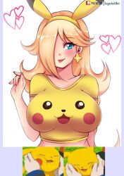 Rule 34 | 1girl, alternate costume, animal ears, blonde hair, blue eyes, blush, breasts, collarbone, creatures (company), crop top, earrings, fake animal ears, game freak, gen 1 pokemon, hair over one eye, heart, jewelry, large breasts, long hair, mario (series), nintendo, photo inset, pikachu, pikachu ears, pink nails, pokemon, pokemon dppt, pokemon ears, print shirt, reference photo, rosalina, shirt, short sleeves, simple background, smile, spiked hair, sugarbell, tongue, tongue out, upper body