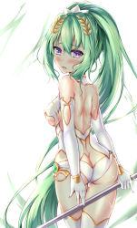 Rule 34 | 1girl, ass, bare shoulders, blush, breasts, butt crack, elbow gloves, from behind, gloves, green hair, green heart (neptunia), hair ornament, long hair, looking at viewer, looking back, medium breasts, muwa12, neptune (series), open mouth, panties, parted lips, polearm, ponytail, purple eyes, shiny skin, sideboob, solo, sweat, thighhighs, underwear, vert (neptunia), very long hair, weapon