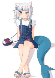 Rule 34 | 1girl, absurdres, animal ears, bad feet, bag, blue eyes, blue hair, blush, cat ears, crossed legs, feet, fins, fish tail, gawr gura, gawr gura (casual), highres, hololive, hololive english, kurushiro1102, multicolored hair, official alternate costume, sandals, side ponytail, simple background, sitting, solo, sweatdrop, tail, two-tone hair, virtual youtuber, white background, white hair