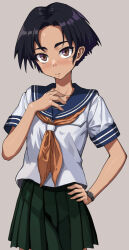 Rule 34 | 1girl, black hair, blush, brown eyes, closed mouth, commentary request, cowboy shot, forehead, green skirt, grey background, hand on own hip, looking at viewer, neckerchief, onimushi hyogo, original, parted bangs, pleated skirt, school uniform, serafuku, shiny skin, shirt, short hair, short sleeves, simple background, skirt, solo, standing, tan, thick eyebrows, watch, white shirt, wristwatch